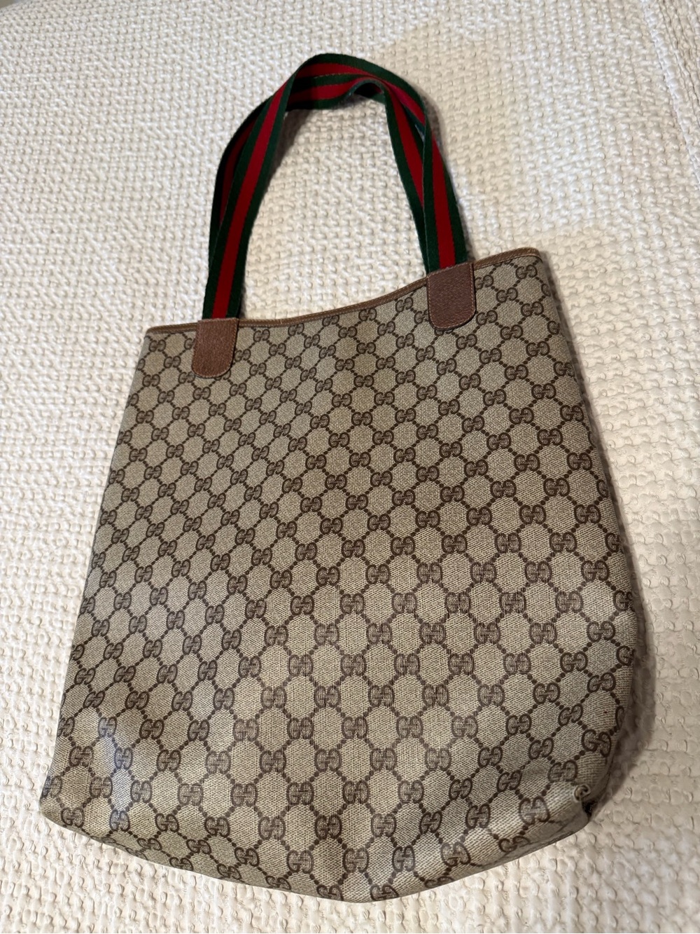Gucci Brown Beige GG Canvas Tote with Red-Green Web Straps - Picture 2 of 16
